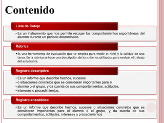 Contenido
• Es un instrumento que nos permite recoger los comportamientos espontáneos del
alumno durante un periodo determinado.
Lista de Cotejo
•Es una herramienta de evaluación que se emplea para medir el nivel y la calidad de una
tarea. En la rúbrica se hace una descripción de los criterios utilizados para evaluar el trabajo
del estudiante.
Rúbrica
• Es un informe que describe hechos, sucesos
• o situaciones concretos que se consideran importantes para el
• alumno o el grupo, y da cuenta de sus comportamientos, actitudes,
• intereses o procedimientos.
Registro descriptivo
• Es un informe que describe hechos, sucesos o situaciones concretos que se
consideran importantes para el alumno o el grupo, y da cuenta de sus
comportamientos, actitudes, intereses o procedimientos
Registro anecdótico
 