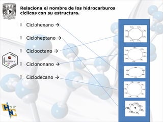  Ciclohexano
Cicloheptano
Ciclooctano
Ciclononano
Ciclodecano
Relaciona el nombre de los hidrocarburos
cíclicos con su estructura.