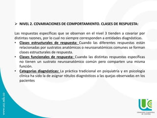  NIVEL 2. COVARIACIONES DE COMPORTAMIENTO. CLASES DE RESPUESTA: 
Las respuestas específicas que se observan en el nivel 3 tienden a covariar por 
distintas razones, por lo cual no siempre corresponden a entidades diagnósticas. 
• Clases estructurales de respuesta: Cuando las diferentes respuestas están 
relacionadas por sustratos anatómicos o neuroanatómicos comunes se forman 
clases estructurales de respuesta. 
• Clases funcionales de respuesta: Cuando las distintas respuestas específicas 
no tienen un sustrato neuroanatómico común pero comparten una misma 
función. 
• Categorías diagnósticas: La práctica tradicional en psiquiatría y en psicología 
clínica ha sido la de asignar rótulos diagnósticos a las quejas observadas en los 
pacientes 
 
