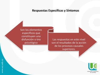 Respuestas Específicas y Síntomas 
Son los elementos 
específicos que 
constituyen una 
disfunción o tno 
psicológico 
Las respuestas en este nivel 
son el resultados de la acción 
de los procesos causales 
superiores. 
 