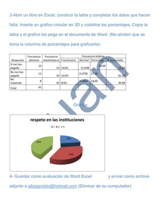 3-Abrir un libro en Excel, construir la tabla y completar los datos que hacen

falta. Inserte un grafico circular en 3D y visibilice los porcentajes. Copie la

tabla y el grafico los pega en el documento de Word. (No olviden que se

toma la columna de porcentajes para graficarlos.

             Frecuencia Frecuencia                        Frecuencia relativa
 Respuesta    absoluta absoluta(acu) Fraccionario       decimal Porcentaje % acumulada
Si me han
                     23                                                   53,48
pegado                              23 23/43             0,5348                        53,48
No me han
                     12                                 0,2790    27,90
pegado                              35 12/43                                           81,38
No
                      8                                 0,1860    18,60
responde                            43 8/43                                            99,98
Total                43




                                                     Grafica.


               respeto en las instituciones
                                1    2   3



                                             23%
                   42%



                                               35%




4- Guardar como evaluación de Word Excel                                          y enviar como archivo

adjunto a albaigiraldo@hotmail.com (Eliminar de su computador)
 