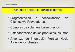 Gerencia Estratégica




              3. PODER DE NEGOCIACION DE CLIENTES


   • Fragmentación o consolidación                  de
     Clientes y/o Proveedores.
   • Compras de volumen, bajan precios
   • Estandarización de los productos-insumos
   • Amenaza de Integración Vertical Hacia
     Atrás de los clientes.
                                                         32
 