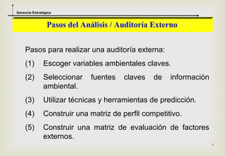 Gerencia Estratégica


                 Pasos del Análisis / Auditoría Externo


     Pasos para realizar una auditoría externa:
     (1)       Escoger variables ambientales claves.
     (2)       Seleccionar   fuentes    claves   de   información
               ambiental.
     (3)       Utilizar técnicas y herramientas de predicción.
     (4)       Construir una matriz de perfil competitivo.
     (5)       Construir una matriz de evaluación de factores
               externos.
                                                                    4
 