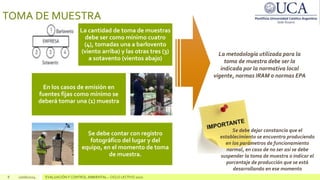 8 10/06/2024 EVALUACIÓN Y CONTROL AMBIENTAL – CICLO LECTIVO 2020
TOMA DE MUESTRA
La cantidad de toma de muestras
debe ser como mínimo cuatro
(4), tomadas una a barlovento
(viento arriba) y las otras tres (3)
a sotavento (vientos abajo)
En los casos de emisión en
fuentes fijas como mínimo se
deberá tomar una (1) muestra
Se debe contar con registro
fotográfico del lugar y del
equipo, en el momento de toma
de muestra.
La metodología utilizada para la
toma de muestra debe ser la
indicada por la normativa local
vigente, normas IRAM o normas EPA
Se debe dejar constancia que el
establecimiento se encuentra produciendo
en los parámetros de funcionamiento
normal, en caso de no ser así se debe
suspender la toma de muestra o indicar el
porcentaje de producción que se está
desarrollando en ese momento
 