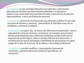 La enseñanza es una actividad educativa mas especifica, intencional y
planeada para facilitar que determinados individuos se apropien y
elaboren con creatividad cierta porción del saber o alternativas de solución
algún problema e aras a sus formación personal.

La formación, proceso de humanización que pretende cualificar lo que cada
uno tiene de humano y personal, potencializar al individuo como un ser
inteligente, autónomo y solidario.

 El aprendizaje no aquel fijo, de datos y de informaciones puntuales , sino la
 capacidad de construir, destruir y reconstruir el concepto, que permitan
 diseñar procedimientos para solucionar problemas, propiciando nuevos
 esquemas de acción lógica, crítica o real que felicitan la construcción o
 coordinación de nuevas estrategias y habilidades de pensamiento en algún
 campo de la vida, de la ciencia, de la cultura, o del trabajo profesional.

  La evaluación permite cualificar y autorregular el proceso de
  enseñanza, garantizando cierta calidad de aprendizaje y de
  formación.
 