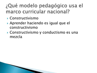  Constructivismo
 Aprender haciendo es igual que el
constructivismo
 Constructivismo y conductismo es una
mezcla
 