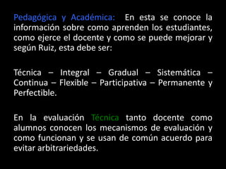 Pedagógica y Académica:  En esta se conoce la información sobre como aprenden los estudiantes, como ejerce el docente y como se puede mejorar y según Ruiz, esta debe ser:Técnica – Integral – Gradual – Sistemática – Continua – Flexible – Participativa – Permanente y Perfectible. En la evaluación Técnica tanto docente como alumnos conocen los mecanismos de evaluación y como funcionan y se usan de común acuerdo para evitar arbitrariedades.