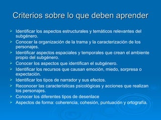 Criterios sobre lo que deben aprender
   Identificar los aspectos estructurales y temáticos relevantes del
    subgénero.
   Conocer la organización de la trama y la caracterización de los
    personajes.
   Identificar aspectos espaciales y temporales que crean el ambiente
    propio del subgénero.
   Conocer los aspectos que identifican el subgénero.
   Identificar los recursos que causan emoción, miedo, sorpresa o
    expectación.
   Identificar los tipos de narrador y sus efectos.
   Reconocer las características psicológicas y acciones que realizan
    los personajes.
   Conocer los diferentes tipos de desenlace
   Aspectos de forma: coherencia, cohesión, puntuación y ortografía.
 