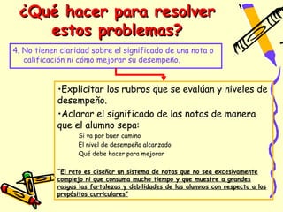 ¿Qué hacer para resolver
    estos problemas?
4. No tienen claridad sobre el significado de una nota o
   calificación ni cómo mejorar su desempeño.


            •Explicitar los rubros que se evalúan y niveles de
            desempeño.
            •Aclarar el significado de las notas de manera
            que el alumno sepa:
                  Si va por buen camino
                  El nivel de desempeño alcanzado
                  Qué debe hacer para mejorar

            “El reto es diseñar un sistema de notas que no sea excesivamente
            complejo ni que consuma mucho tiempo y que muestre a grandes
            rasgos las fortalezas y debilidades de los alumnos con respecto a los
            propósitos curriculares”
 