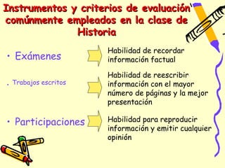 Instrumentos y criterios de evaluación
comúnmente empleados en la clase de
              Historia
                      Habilidad de recordar
• Exámenes            información factual

                      Habilidad de reescribir
• Trabajos escritos   información con el mayor
                      número de páginas y la mejor
                      presentación

• Participaciones     Habilidad para reproducir
                      información y emitir cualquier
                      opinión
 