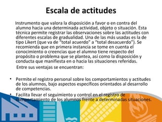 Escala de actitudes
  Instrumento que valora la disposición a favor o en contra del
  alumno hacia una determinada actividad, objeto o situación. Esta
  técnica permite registrar las observaciones sobre las actitudes con
  diferentes escalas de gradualidad. Una de las más usadas es la de
  tipo Likert (que va de “total acuerdo” a “total desacuerdo”). Se
  recomienda que en primera instancia se tome en cuenta el
  conocimiento o creencias que el alumno tiene respecto del
  propósito o problema que se plantea, así como la disposición y
  conducta que manifiesta en o hacia las situaciones referidas.
   Entre sus ventajas se encuentran:

• Permite el registro personal sobre los comportamientos y actitudes
  de los alumnos, bajo aspectos específicos orientados al desarrollo
  de competencias.
• Facilita llevar el seguimiento y control en el registro de
  comportamiento de los alumnos frente a determinadas situaciones.
 