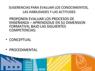 SUGERENCIAS PARA EVALUAR LOS CONOCIMIENTOS,
        LAS HABILIDADES Y LAS ACTITUDES
 PROPONEN EVALUAR LOS PROCESOS DE
 ENSEÑANZA – APRENDIZAJE EN SU DIMENSION
 FORMATIVA; BAJO LAS SIGUIENTES
 COMPETENCIAS:

• CONCEPTUAL

• PROCEDIMENTAL

• ACTITUDINAL
 