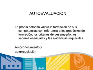 AUTOEVALUACION


La propia persona valora la formación de sus
  competencias con referencia a los propósitos de
  formación, los criterios de desempeño, los
  saberes esenciales y las evidencias requeridas

Autoconocimiento y
autorregulación
 