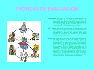 TECNICAS DE EVALUACION
           Documental: privilegia la utilización de instrumentos que
                 no requieren de la observación directa del
                 desempeño del alumno. Se utiliza para verificar la
                 adquisición y nivel de dominio de conocimientos de
                 los alumnos. El propio alumno plasma en el
                 instrumento la evidencia de su aprendizaje.

           De Campo: privilegia la utilización de instrumentos que
                 requieren de una observación directa del desempeño
                 del alumno. Se utilizan instrumentos para
                 documentar el avance del alumno, pero quien
                 asienta la evidencia del mismo es el maestro
                 evaluador, no el alumno.

           Discursiva: durante los procesos de enseñanza aprendizaje
                   se debe eficiente el uso del tiempo. Facilita el
                   aprovechamiento del recurso tiempo. Haciendo
                   preguntas claves de manera oral a una muestra
                   representativa de grupo de retroalimentar la misma
                   forma las respuestas. Exponiendo una muestra
                   representativa de los productos generados por los
                   alumnos y evaluar de manera oral junto con los
                   alumnos la educación de los productos a los escritos
                   de calidad, especificando para la realización de los
                   mismos. La retroalimentación se hace de manera
                   oral como la evaluación el maestro debe asegurarse
                   de que todos los alumnos se entrevalúen y reciban
                   el beneficio de la retroalimentación indirecta.
 