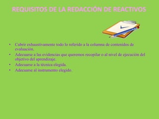 REQUISITOS DE LA REDACCIÓN DE REACTIVOS



•   Cubrir exhaustivamente todo lo referido a la columna de contenidos de
    evaluación.
•   Adecuarse a las evidencias que queremos recopilar o al nivel de ejecución del
    objetivo del aprendizaje.
•   Adecuarse a la técnica elegida.
•   Adecuarse al instrumento elegido.
 