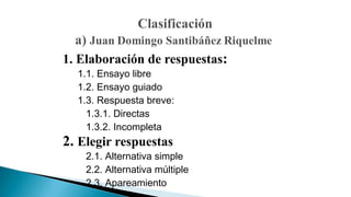 1. Elaboración de respuestas:
1.1. Ensayo libre
1.2. Ensayo guiado
1.3. Respuesta breve:
1.3.1. Directas
1.3.2. Incompleta

2. Elegir respuestas

2.1. Alternativa simple
2.2. Alternativa múltiple
2.3. Apareamiento

 