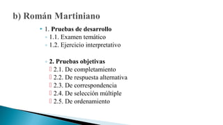 

1. Pruebas de desarrollo
◦ 1.1. Examen temático
◦ 1.2. Ejercicio interpretativo
◦ 2. Pruebas objetivas
 2.1. De completamiento
 2.2. De respuesta alternativa
 2.3. De correspondencia
 2.4. De selección múltiple
 2.5. De ordenamiento

 