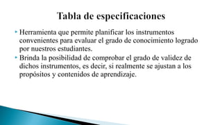  Herramienta

que permite planificar los instrumentos
convenientes para evaluar el grado de conocimiento logrado
por nuestros estudiantes.
 Brinda la posibilidad de comprobar el grado de validez de
dichos instrumentos, es decir, si realmente se ajustan a los
propósitos y contenidos de aprendizaje.

 