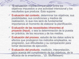 "Evaluación implica comparación entre los
objetivos impuestos a una actividad intencional y los
resultados que produce. Esto supone:
Evaluación del contexto, determinar los objetivos, sus
posibilidades, sus condiciones y medios de
realización, lo que nos será de fundamental
importancia al momento de elaborar la planificación.
Evaluación de las necesidades inherentes al
proyecto (Input), o sea la determinación de la puesta
en práctica, de los recursos y de los medios.
Evaluación del proceso, estudio de los datos sobre lo
efectos que produjeron los métodos empleados, su
progresión, sus dificultades y su comparación para
tomar decisiones de ejecución.
Evaluación del producto, medición, interpretación,
juicio acerca del cumplimiento de los objetivos, de la
eficacia de la enseñanza…”(D. Stufflebeam)

 