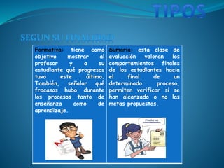 Formativa: tiene como
objetivo mostrar al
profesor y a su
estudiante qué progresos
tuvo este último.
También, señalar qué
fracasos hubo durante
los procesos tanto de
enseñanza como de
aprendizaje.
Sumaria: esta clase de
evaluación valoran los
comportamientos finales
de los estudiantes hacia
el final de un
determinado proceso,
permiten verificar si se
han alcanzado o no las
metas propuestas.
 