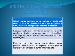 Inicial: estas evaluaciones se aplican en inicio del
curso, cuando se implementa un nuevo programa o
bien, cuando se inaugura una entidad académica.
Procesual: esta evaluación se aplica por medio de la
recolección de datos de manera continua y sistemática,
a lo largo de un periodo determinado para alcanzar
algún objetivo.
Final: estas se realizan una vez que terminó el tiempo
previsto para alcanzar un objetivo o bien para la
realización de un trabajo, curso, programa, etc.
 