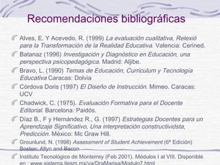 Recomendaciones bibliográficas
Alves, E. Y Acevedo, R. (1999) La evaluación cualitativa, Relexió
para la Transformación de la Realidad Educativa. Valencia: Cerined.
Batanaz (1996) Investigación y Diagnóstico en Educación, una
perspectiva psicopedagógica. Madrid: Aljibe.
Bravo, L. (1990) Temas de Educación, Curriculum y Tecnología
Educativa Caracas: Dolvia
Córdova Doris (1997) El Diseño de Instrucción. Mimeo. Caracas:
UCV
Chadwick, C. (1975). Evaluación Formativa para el Docente
Editorial. Barcelona: Paidós.
Díaz B., F y Hernández R., G. (1997) Estrategias Docentes para un
Aprendizaje Significativo, Una interpretación constructividsta,
Predicción. México: Mc Graw Hill.
Grounlund, N. (1998) Assessment of Student Achievement (6ª Edición)
Boston: Allyn and Bacon
Instituto Tecnológico de Monterrey (Feb 2001). Módulos I al VIII. Disponible
 