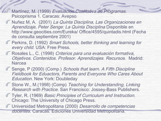 Martínez, M. (1999) Evaluación Cualitativa de Programas.
Psicoprisma 1. Caracas: Avepso
Nuñez M, A. (2001) La Quinta Disciplina, Las Organizaciones en
Aprendizaje, Peter Senge: La Quinta Disciplina Disponible en
http://www.geocities.com/Eureka/ Office/4595/quintadis.html (Fecha
de consulta septiembre 2001)
Perkins, D. (1992) Smart Schools, better thinking and learning for
every child. USA: Free Press.
Rosales L., C. (1998) Criterios para una evaluación formativa,
Objetivos. Contenidos. Profesor. Aprendizajes. Recursos. Madrid:
Narcea
Senge, P (2000) (Comp.) Schools that learn. A Fifth Discipline
Fieldbook for Eduactors, Parents and Everyone Who Cares About
Education. New York: Doubleday
Stone W., M.(1998) (Comp) Teaching for Understanding, Linking
Research with Practice. San Francisco: Jossey-Bass Publishers.
Tyler, R. (1969) Basic Principles of Curriculum and Instruction.
Chicago: The University of Chicago Press.
Universidad Metropolitana (2000) Desarrollo de competencias
docentes. Caracas: Ediciones Universidad Metropolitana.
 