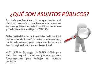 ¿QUÉ SON ASUNTOS PÚBLICOS?
Es toda problemática o tema que involucra al
bienestar colectivo, relacionado con aspectos
sociales, políticos, económicos, éticos, culturales
y medioambientales.(Ugarte,2006:75)
Debe partir del entorno inmediato, de la realidad
del mundo, de los niños, niñas y adolescentes,
de la vida escolar, para luego ampliarse a un
ámbito regional, nacional e internacional.
«LAS LUPAS» Estrategia de TAREA (2001) para
identificar aquellos asuntos que nos parecen
fundamentales para trabajar en nuestro
contexto.
 