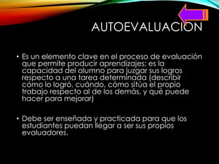 AUTOEVALUACION
• Es un elemento clave en el proceso de evaluación
que permite producir aprendizajes; es la
capacidad del alumno para juzgar sus logros
respecto a una tarea determinada (describir
cómo lo logró, cuándo, cómo sitúa el propio
trabajo respecto al de los demás, y qué puede
hacer para mejorar)
• Debe ser enseñada y practicada para que los
estudiantes puedan llegar a ser sus propios
evaluadores.
 