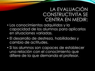 LA EVALUACIÓN
CONSTRUCTIVITA SE
CENTRA EN MEDIR:
• Los conocimientos adquiridos y la
capacidad de los alumnos para aplicarlos
en situaciones variadas.
• El desarrollo de destreza, habilidades y
cambio de actitudes.
• Si los alumnos son capaces de establecer
una relación con el conocimiento que
difiere de la que demanda el profesor.
 