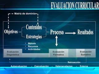EVALUACION CURRICULAR Matriz de dominio Objetivos Contenidos Estrategias Proceso Resultados Método Recursos Actividades Evaluación Diagnóstica Evaluación Formativa Evaluación Sumativa Retroacción Autoevaluacion  -  Coevaluación  -  Heteroevalacion  -  Externa 