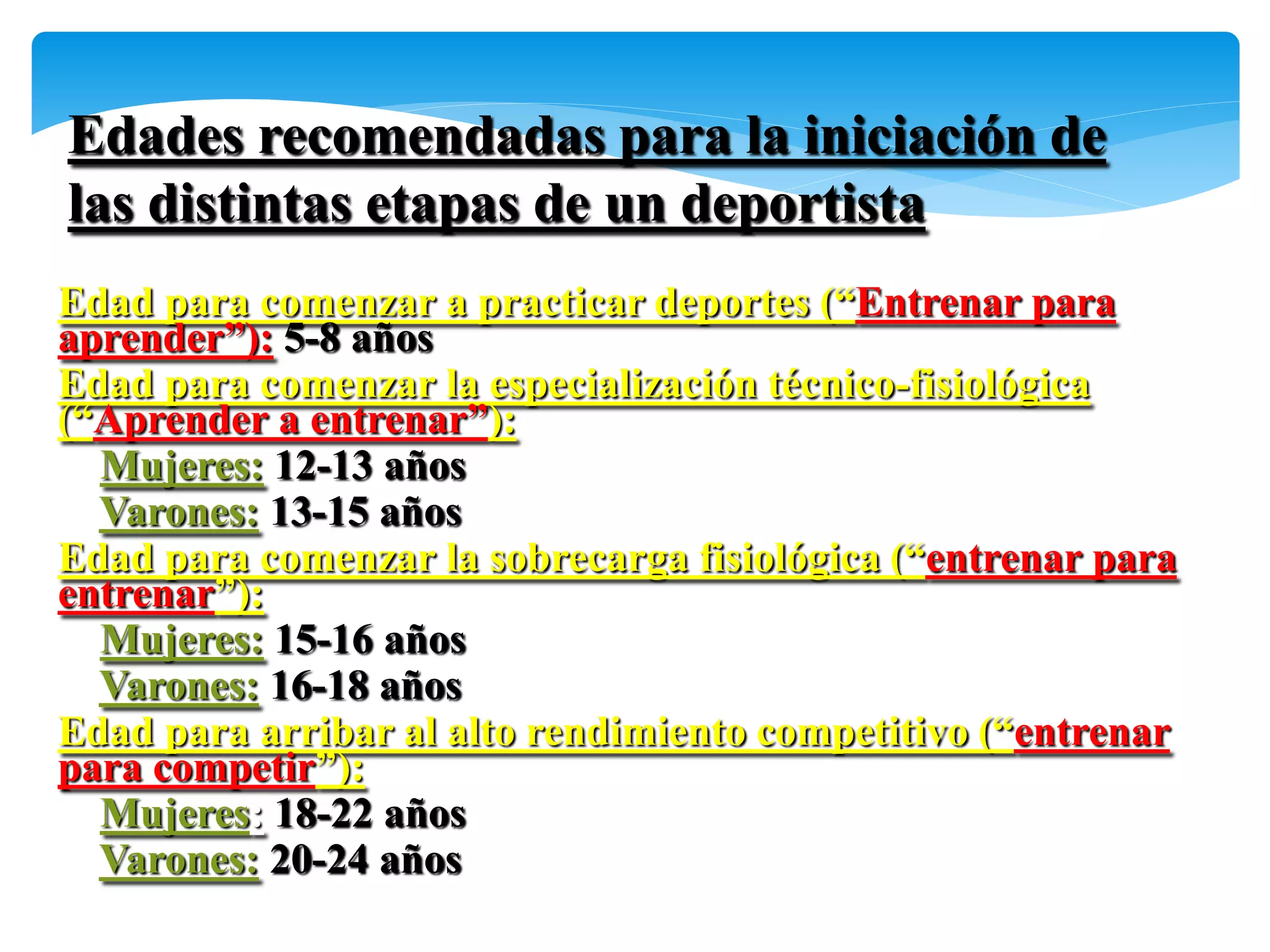 Edades recomendadas para la iniciación de
las distintas etapas de un deportista
Edad para comenzar a practicar deportes (“Entrenar para
aprender”): 5-8 años
Edad para comenzar la especialización técnico-fisiológica
(“Aprender a entrenar”):
  Mujeres: 12-13 años
  Varones: 13-15 años
Edad para comenzar la sobrecarga fisiológica (“entrenar para
entrenar”):
  Mujeres: 15-16 años
  Varones: 16-18 años
Edad para arribar al alto rendimiento competitivo (“entrenar
para competir”):
  Mujeres: 18-22 años
  Varones: 20-24 años
 