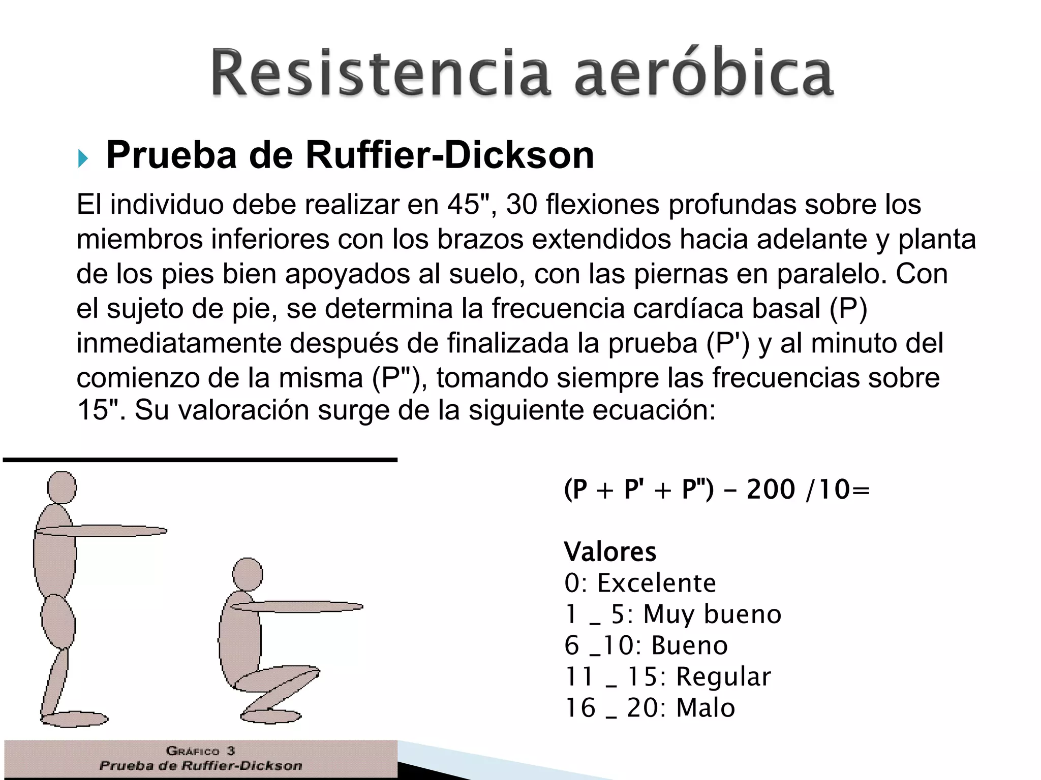    Prueba de Ruffier-Dickson
El individuo debe realizar en 45", 30 flexiones profundas sobre los
miembros inferiores con los brazos extendidos hacia adelante y planta
de los pies bien apoyados al suelo, con las piernas en paralelo. Con
el sujeto de pie, se determina la frecuencia cardíaca basal (P)
inmediatamente después de finalizada la prueba (P') y al minuto del
comienzo de la misma (P"), tomando siempre las frecuencias sobre
15". Su valoración surge de la siguiente ecuación:

                                     (P + P' + P") - 200 /10=

                                     Valores
                                     0: Excelente
                                     1 _ 5: Muy bueno
                                     6 _10: Bueno
                                     11 _ 15: Regular
                                     16 _ 20: Malo
 