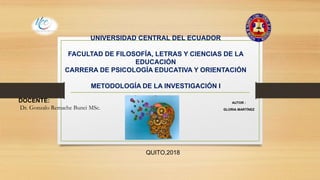 UNIVERSIDAD CENTRAL DEL ECUADOR
FACULTAD DE FILOSOFÍA, LETRAS Y CIENCIAS DE LA
EDUCACIÓN
CARRERA DE PSICOLOGÍA EDUCATIVA Y ORIENTACIÓN
METODOLOGÍA DE LA INVESTIGACIÓN I
AUTOR :
GLORIA MARTÍNEZ
DOCENTE:
Dr. Gonzalo Remache Bunci MSc.
QUITO,2018
 