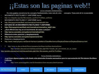 a) Los conceptos fundamentales : En estas paginas encontraras los conceptos fundamentales, tomo nota de estos  conceptos. Toma nota de lo recomendado MOVIMIENTO RECTILINEO Y UNIFORME teoría http:// es.wikipedia.org / wiki / Movimiento_rectil%C3 % ADneo_uniforme MOVIMIENTO RECTILINEO Y UNIFORME teoría http:// fisicayquimicaenflash.es / cinematica /cinematica04.htm ESTUDIO DE UN MOVIMIENTO RECTILINEO Y UNIFORME. http:// fisicayquimicaenflash.es / cinematica / cinematica_lab01 .htm ¿Qué diferencias hay en el movimiento de estos cuerpos? http:// perso.wanadoo.es / cpalacio /cinematica2.htm Diferencia entre posición y desplazamiento http://perso.wanadoo.es/cpalacio/posicion2.htm Distancia y desplazamiento http:// www.meet - physics.net /David-Harrison/castellano/ ClassMechanics / DisplaceDistance / DisplaceDistance.html 2  http:// www.sc.ehu.es / sbweb / fisica / cinematica / rectilineo / rectilineo.htm#uniforme http:// portales.educared.net / wikiEducared / index.php?title = Estudio_del_movimiento_de_un_cuerpo 		 http://portales.educared.net/wikiEducared/index.php?title=Movimiento_rectil%C3%ADneo b) Las formulas matemáticas:  A qui tienes algunas paginas webs donde están planteadas formulas matematicas para la representación del Movimiento Rectilíneo Uniforme. 1  http://www.acienciasgalilei.com/fis/formularios/form-mecanica.htm#cinematic INTRODUCCION TAREA PROCESO RECURSOS EVALUACION CONCLUCION ¡¡Estas son las paginas web!! 