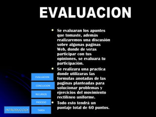 Se evaluaran los apuntes que tomaste, además realizaremos una discusión sobre algunas paginas Web, donde de veras participar con tus opiniones, se evaluara tu participación. Se realizara una practica donde utilizaras las formulas anotadas de las paginas planteadas para solucionar problemas y ejercicios del movimiento rectilíneo uniforme. Todo esto tendrá un puntaje total de 60 puntos.  INTRODUCCION EVALUACION TAREA PROCESO RECURSOS CONCLUCION EVALUACION 