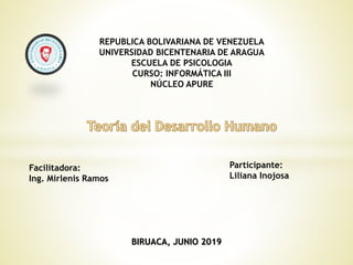 REPUBLICA BOLIVARIANA DE VENEZUELA
UNIVERSIDAD BICENTENARIA DE ARAGUA
ESCUELA DE PSICOLOGIA
CURSO: INFORMÁTICA III
NÚCLEO APURE
Facilitadora:
Ing. Mirlenis Ramos
Participante:
Liliana Inojosa
BIRUACA, JUNIO 2019
 
