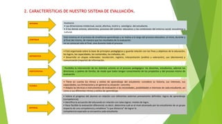 Involucra:
• Las dimensiones intelectual, social, afectiva, motriz y axiológica del estudiante.
• A los demás actores, elementos, procesos del sistema educativo; y las condiciones del entorno social, económico y
cultural.
Está inmersa en el proceso de enseñanza-aprendizaje y se realiza a lo largo del proceso educativo: al inicio, durante y
al final del mismo, de manera que los resultados de la evaluación
no se conozcan sólo al final, sino durante todo el proceso.
• Está organizada sobre la base de principios pedagógicos y guarda relación con los fines y objetivos de la educación,
los logros, las capacidades, los contenidos, los métodos, etc.
• Desarrollo en etapas ordenadas: recolección, registro, interpretación (análisis y valoración), uso (decisiones) y
comunicación (reporte) de información.
· Posibilita la intervención de los distintos actores en el proceso pedagógico: los docentes, estudiantes, además los
directores, y padres de familia; de modo que todos tengan conocimiento de los propósitos y del proceso mismo de
evaluación.
• Tiene en cuenta los ritmos y estilos de aprendizaje del estudiante: considera su historia, sus intereses, sus
capacidades, sus limitaciones y en general su situación concreta.
• Adapta las técnicas e instrumentos de evaluación a las necesidades, posibilidades e intereses de cada estudiante, así
como a sus diferentes ritmos y estilos de aprendizaje.
• Valora el progreso del alumno en relación con referentes externos previamente definidos: logros de aprendizaje
(competencia).
• Identifica la actuación del educando en relación con tales logros: niveles de logro.
• Hace factible la evaluación diferencial, es decir, determina cuál es el nivel alcanzado por los estudiantes de un grupo
respecto de una competencia y establece “a que distancia” de lograr la
competencia esperada se encuentra cada estudiante.
INTEGRAL
CONTINUA
SISTEMATICA
PARTICIPATIVA
FLEXIBLE
CRITERIAL
2. CARACTERÍSTICAS DE NUESTRO SISTEMA DE EVALUACIÓN.
 