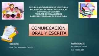 REPUBLICA BOLIVARIANA DE VENEZUELA
PODER POPULAR PARA LA EDUCACION
UNIVERSIDAD YACAMBU
FACULTAD DE HUMANIDADES
CARRERA- PROGRAMA DE PSICOLOGIA
COMUNICACIÓN
ORAL Y ESCRITA
PARTICIPANTE:
ELIZABETH MORA
C.I. 19.960.647
DOCENTE:
Prof. Cira Marianella Orta G.
 