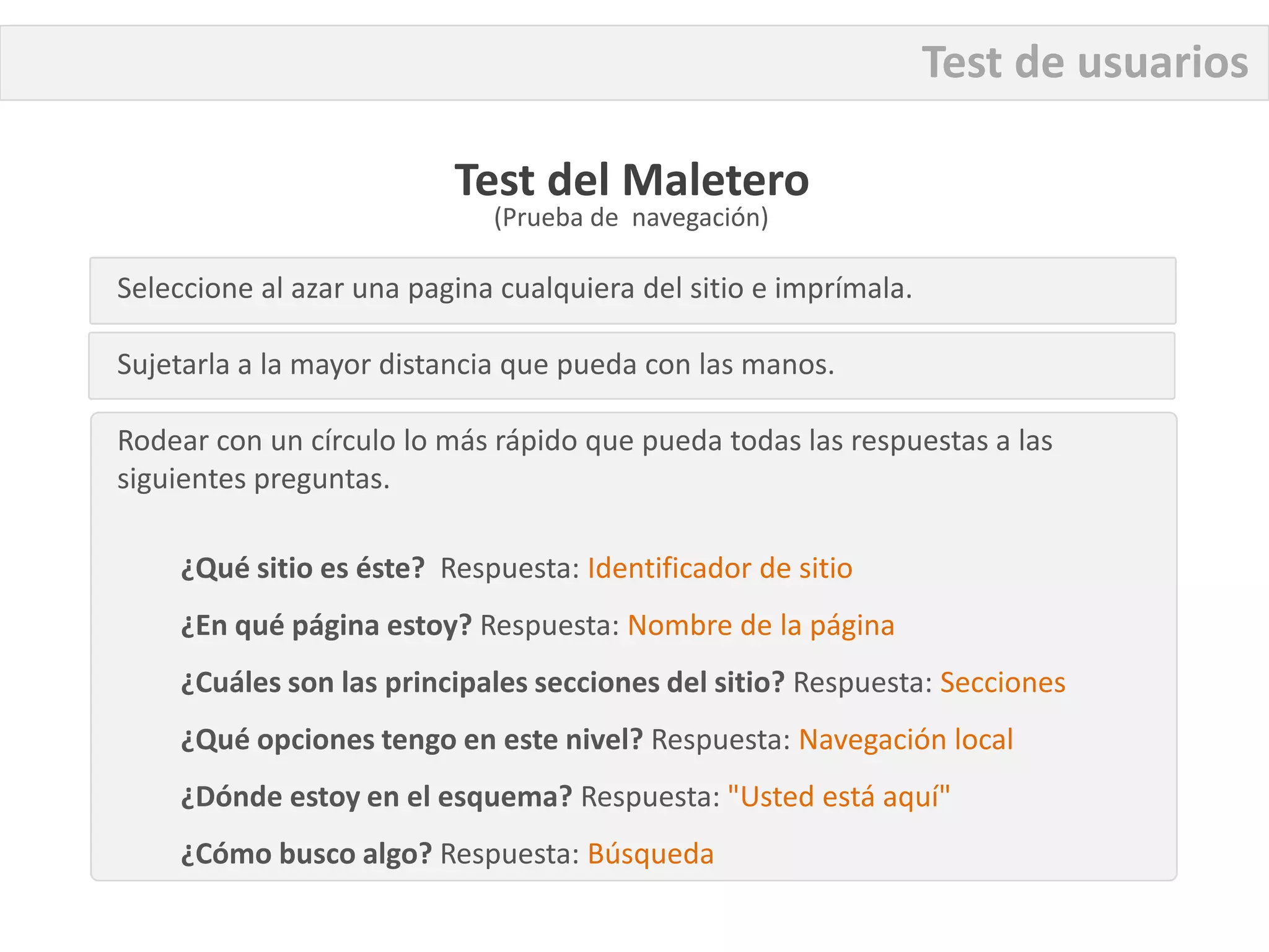 Test de usuarios

                          Test del Maletero
                             (Prueba de navegación)

Seleccione al azar una pagina cualquiera del sitio e imprímala.

Sujetarla a la mayor distancia que pueda con las manos.

Rodear con un círculo lo más rápido que pueda todas las respuestas a las
siguientes preguntas.

     ¿Qué sitio es éste? Respuesta: Identificador de sitio
     ¿En qué página estoy? Respuesta: Nombre de la página
     ¿Cuáles son las principales secciones del sitio? Respuesta: Secciones
     ¿Qué opciones tengo en este nivel? Respuesta: Navegación local
     ¿Dónde estoy en el esquema? Respuesta: "Usted está aquí"
     ¿Cómo busco algo? Respuesta: Búsqueda
 