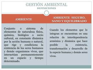 GESTIÓN AMBIENTAL
DEFINICIONES
AMBIENTE
Conjunto o sistema de
elementos de naturaleza física,
química, biológica o socio
cultural, en constante dinámica
por la acción humana o natural,
que rige y condiciona la
existencia de los seres humanos
y demás organismos vivos, que
interactúan permanentemente
en un espacio y tiempo
determinado.
AMBIENTE SEGURO,
SANO Y EQUILIBRADO
Cuando los elementos que lo
integran se encuentran en una
relación de interdependencia
armónica y dinámica que hace
posible la existencia,
transformación y desarrollo de
la especie humana y demás seres
vivos.
 