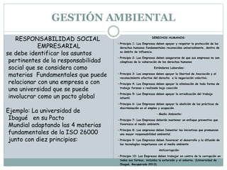 GESTIÓN AMBIENTAL
RESPONSABILIDAD SOCIAL
EMPRESARIAL
se debe identificar los asuntos
pertinentes de la responsabilidad
social que se considera como
materias Fundamentales que puede
relacionar con una empresa o con
una universidad que se puede
involucrar como un pacto global
Ejemplo: La universidad de
Ibagué en su Pacto
Mundial adaptando las 4 materias
fundamentales de la ISO 26000
junto con diez principios:
DERECHOS HUMANOS:
 Principio 1: Las Empresas deben apoyar y respetar la protección de los
derechos humanos fundamentales reconocidos universalmente, dentro de
su ámbito de influencia.
 Principio 2: Las Empresas deben asegurarse de que sus empresas no son
cómplices de la vulneración de los derechos humanos
Estándares Laborales:
 Principio 3: Las empresas deben apoyar la libertad de Asociación y el
reconocimiento efectivo del derecho a la negociación colectiva.
 Principio 4: Las Empresas deben apoyar la eliminación de toda forma de
trabajo forzoso o realizado bajo coacción
 Principio 5: Las Empresas deben apoyar la erradicación del trabajo
infantil.
 Principio 6: Las Empresas deben apoyar la abolición de las prácticas de
discriminación en el empleo y ocupación.
 Medio Ambiente:
 Principio 7: Las Empresas deberán mantener un enfoque preventivo que
favorezca el medio ambiente.
 Principio 8: Las empresas deben fomentar las iniciativas que promuevan
una mayor responsabilidad ambiental.
 Principio 9: Las Empresas deben favorecer el desarrollo y la difusión de
las tecnologías respetuosas con el medio ambiente
Anticorrupción:
 Principio 10: Las Empresas deben trabajar en contra de la corrupción en
todas sus formas, incluidas la extorsión y el soborno. (Universidad de
Ibagué, Recuperado 2013).
 
