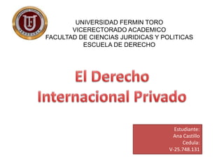 UNIVERSIDAD FERMIN TORO
VICERECTORADO ACADEMICO
FACULTAD DE CIENCIAS JURIDICAS Y POLITICAS
ESCUELA DE DERECHO
Estudiante:
Ana Castillo
Cedula:
V-25.748.131
 