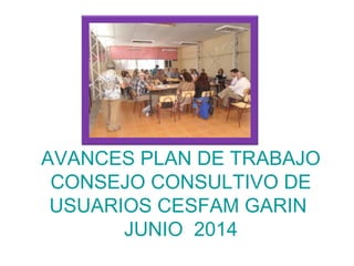 AVANCES PLAN DE TRABAJO
CONSEJO CONSULTIVO DE
USUARIOS CESFAM GARIN
JUNIO 2014
 