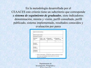 Criterio B: Currículo Los requerimientos curriculares especifican áreas de concentración de conocimiento de la carrera, pero no prescriben cursos específicos. Departamento de Investigación, Postgrados y Autoevaluación
