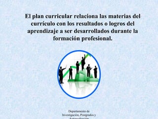 Departamento de Investigación, Postgrados y Autoevaluación El plan o malla curricular incluye los niveles de los resultados o logros del aprendizaje (inicial, medio,avanzado) alcanzados en cada asignatura o componente que otorga créditos para la carrera. 
