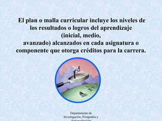 Departamento de Investigación, Postgrados y AutoevaluaciónLa malla curricular debe indicar el tipo de materia: obligatoria, optativa, práctica. La secuencia de las materias: pre-requisitos, co-requisitos.