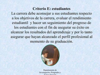 E1 AdmisiónE.2 TransferenciaE3  TutoríaE.4 Registro.-.E.5 DeserciónE.6 GraduaciónE7. Satisfacción estudiantilDepartamento de Investigación, Postgrados y Autoevaluación