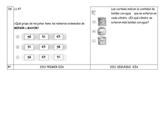 06 c) 47
¿Qué grupo de tarjetas tiene los números ordenados de
MENOR a MAYOR?
Los carteles indican la cantidad de
baldes con agua que se echaron en
cada cilindro. ¿En qué cilindro se
echaron más baldes con agua?
Nº 2011 PRIMER DÍA 2011 SEGUNDO DÍA
 