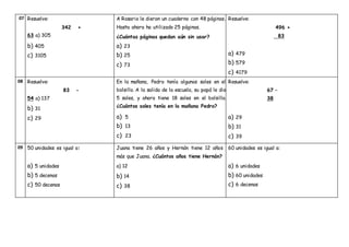 07 Resuelve:
342 +
63 a) 305
b) 405
c) 3105
A Rosario le dieron un cuaderno con 48 páginas.
Hasta ahora ha utilizado 25 páginas.
¿Cuántas páginas quedan aún sin usar?
a) 23
b) 25
c) 73
Resuelve:
496 +
83
a) 479
b) 579
c) 4179
08 Resuelve:
83 -
54 a) 137
b) 31
c) 29
En la mañana, Pedro tenía algunos soles en el
bolsillo. A la salida de la escuela, su papá le dio
5 soles, y ahora tiene 18 soles en el bolsillo.
¿Cuántos soles tenía en la mañana Pedro?
a) 5
b) 13
c) 23
Resuelve:
67 –
38
a) 29
b) 31
c) 39
09 50 unidades es igual a:
a) 5 unidades
b) 5 decenas
c) 50 decenas
Juana tiene 26 años y Hernán tiene 12 años
más que Juana. ¿Cuántos años tiene Hernán?
a) 12
b) 14
c) 38
60 unidades es igual a:
a) 6 unidades
b) 60 unidades
c) 6 decenas
 